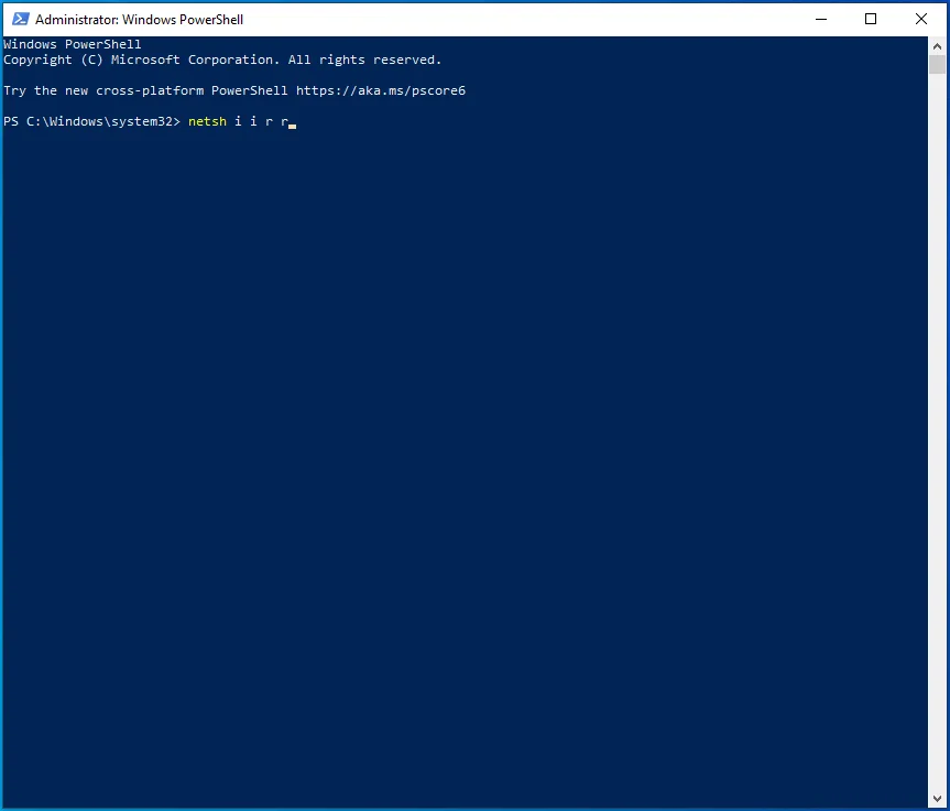 将命令 netsh i i r r 粘贴到 PowerShell 中。