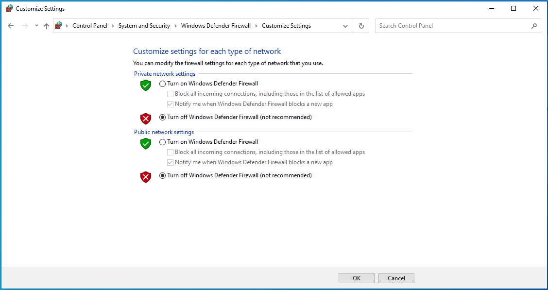 Wählen Sie unter „Öffentliche Netzwerkeinstellungen“ die Option „Windows Defender Firewall deaktivieren (nicht empfohlen)“.