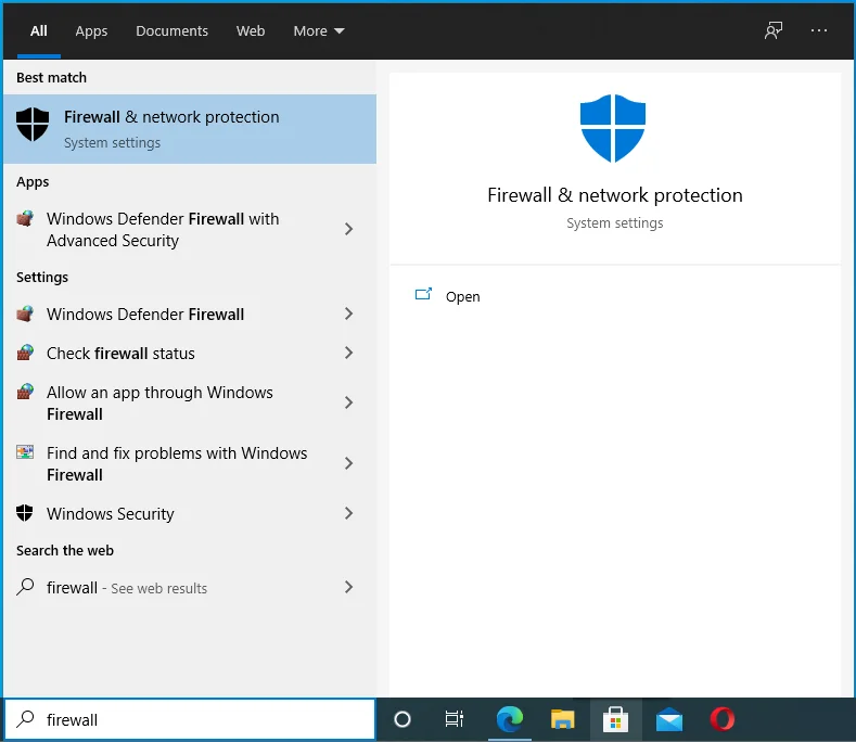 Ketik "firewall" (tanpa tanda kutip) ke dalam kotak Pencarian.