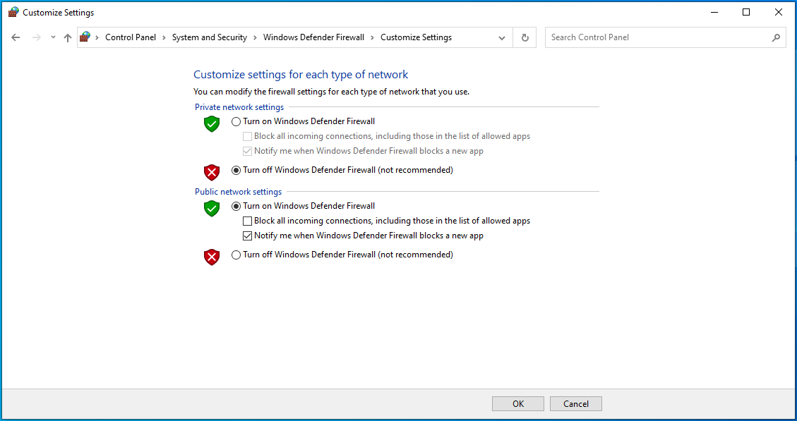 选中“关闭 Windows Defender 防火墙（不推荐）”。