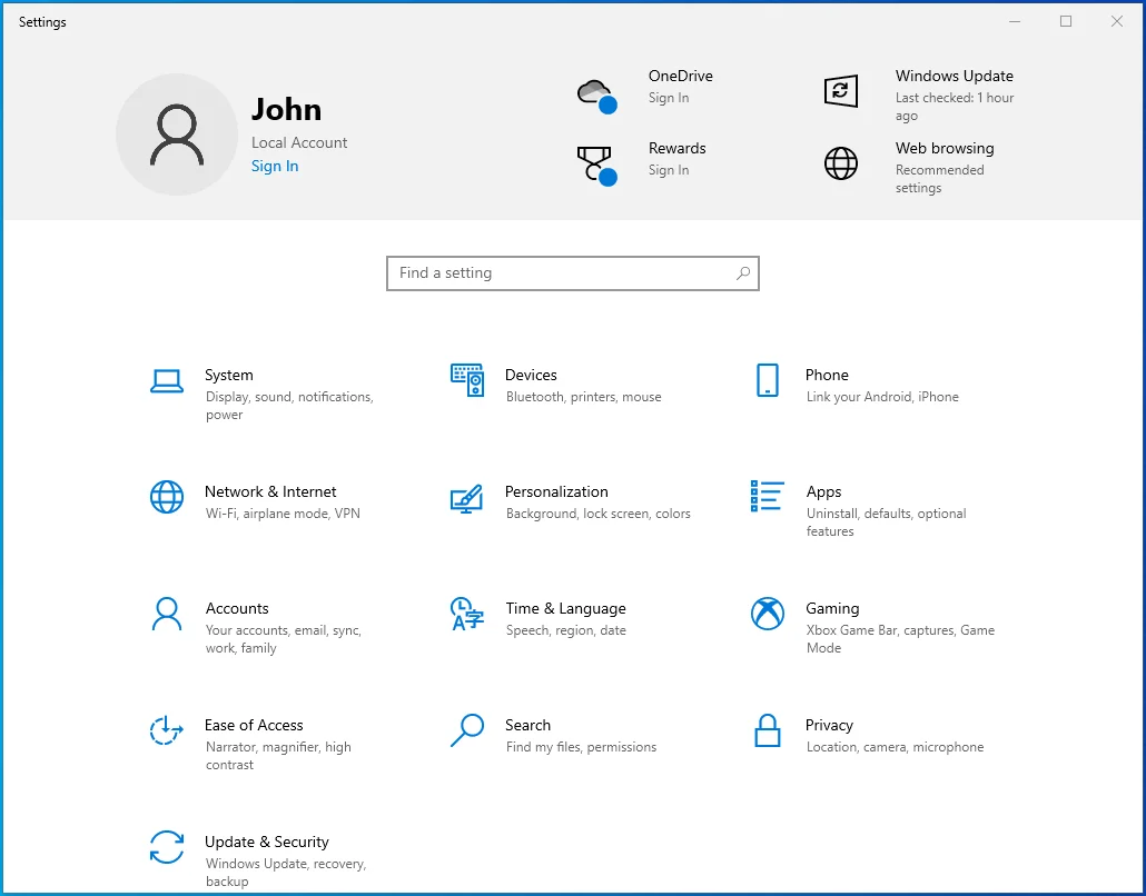 Ejecute la aplicación Configuración en su PC.