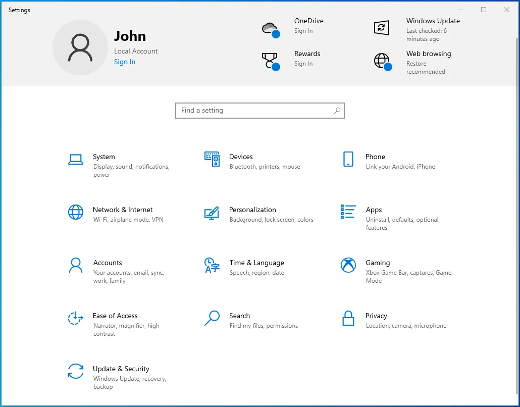 Abra la aplicación Configuración en Windows 10.