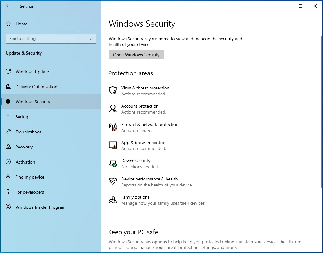 เปิด Windows Security โดยคลิกที่บานหน้าต่างด้านซ้าย