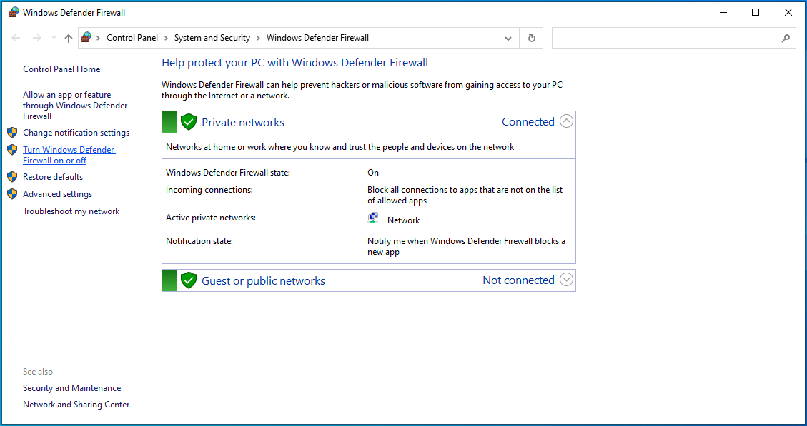 คลิก "เปิดหรือปิดไฟร์วอลล์ Windows Defender" ที่บานหน้าต่างด้านซ้าย