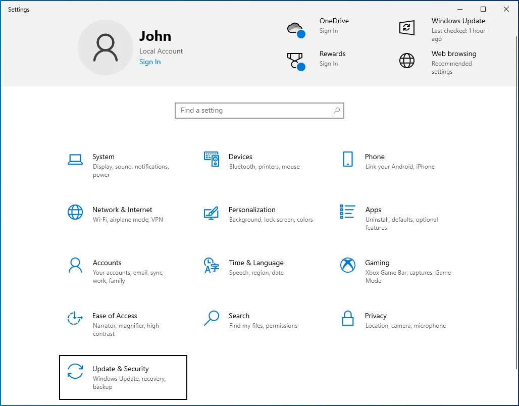 Seleccione Actualización y seguridad en el menú Configuración.