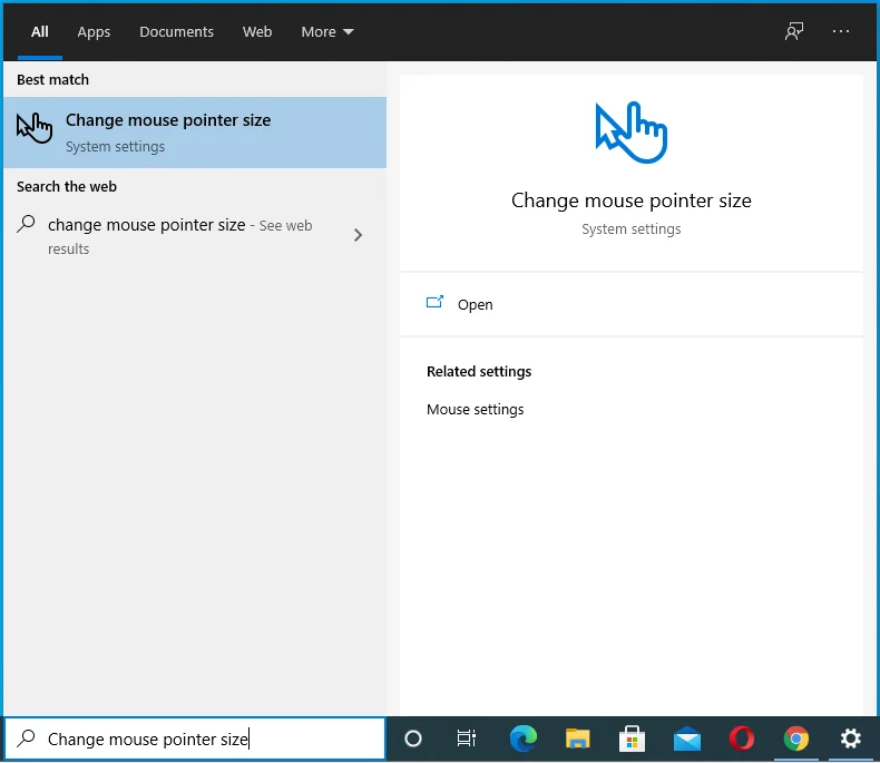 Geben Sie „Mauszeigergröße ändern“ in die Suche ein.