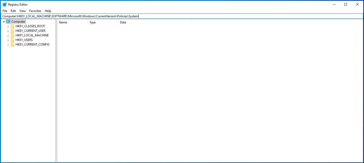 ป้อน Computer\HKEY_LOCAL_MACHINE\SOFTWARE\Microsoft\Windows\CurrentVersion\Policies\System ลงในการค้นหา