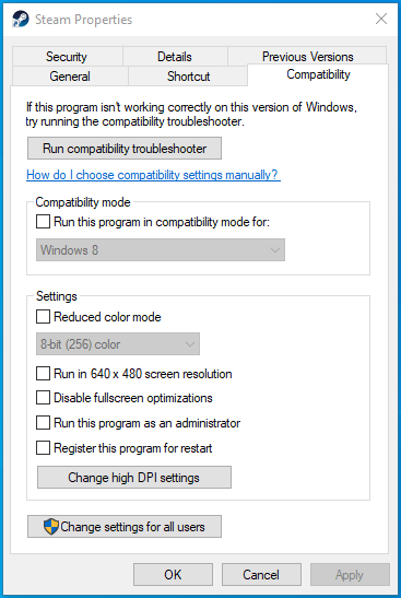 Vá para a guia Compatibilidade e navegue até a seção Configurações.