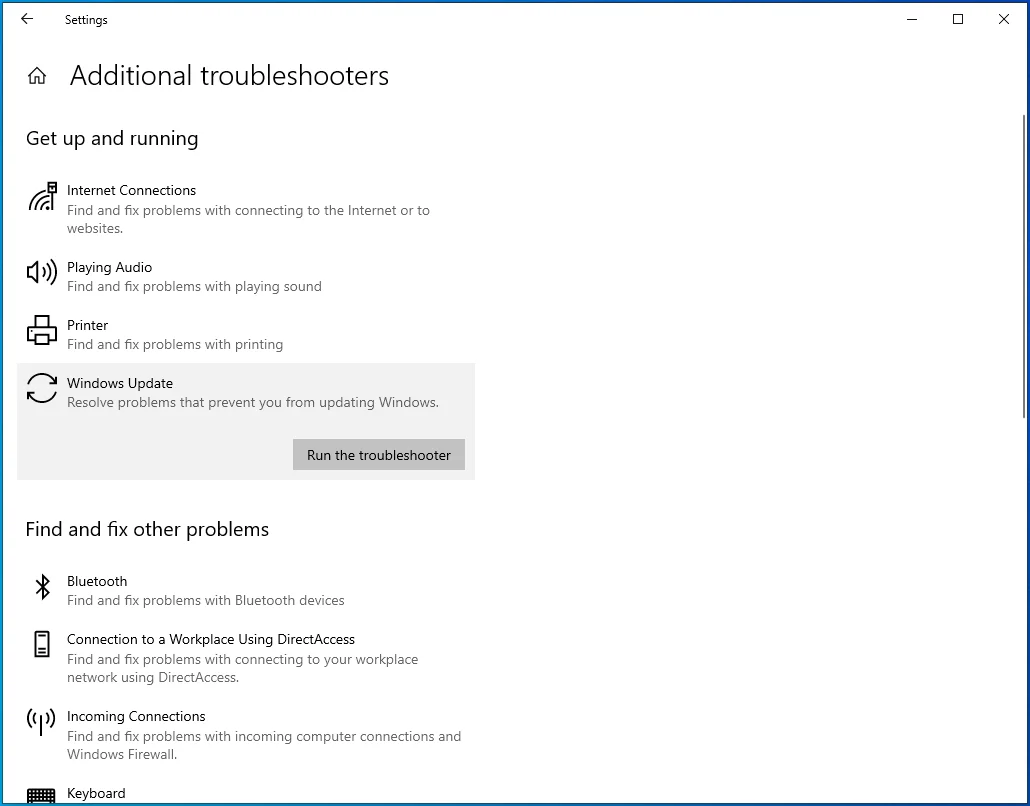 Vaya a Windows Update y seleccione Ejecutar el solucionador de problemas.