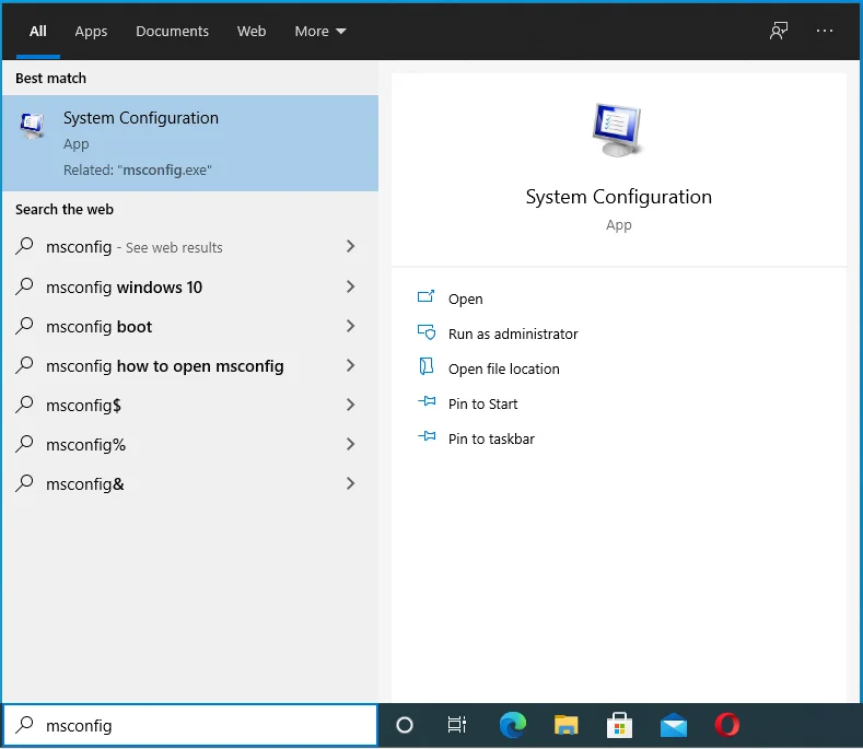 Wpisz msconfig w wyszukiwarce Windows.