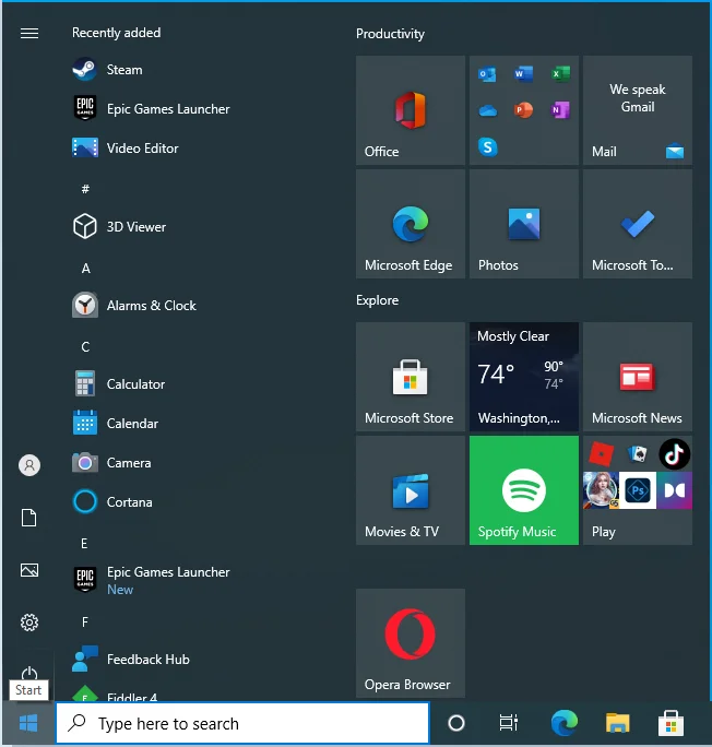 เปิดเมนูเริ่มใน Windows 10