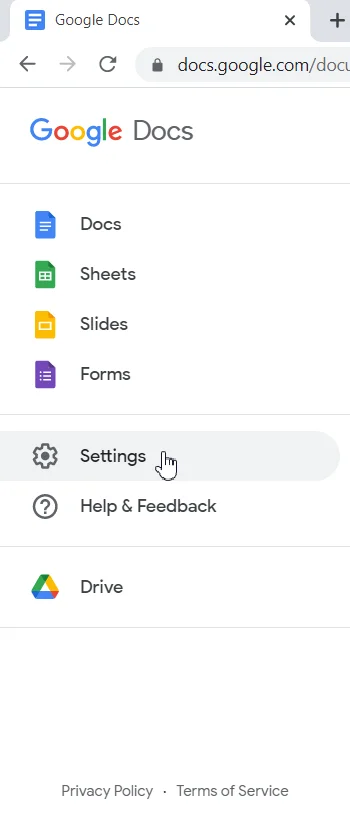 คลิกที่การตั้งค่าใน Google เอกสาร