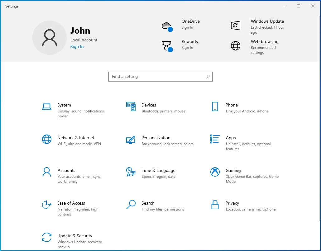 Abra la aplicación Configuración con Win + I.