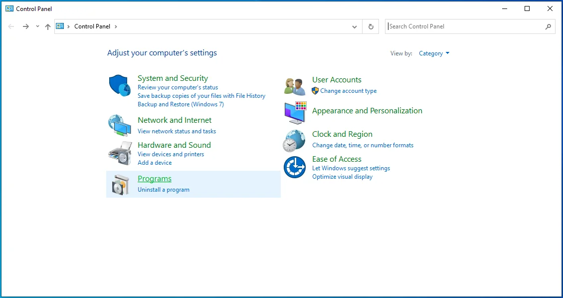 Pilih Program dari menu Panel Kontrol.