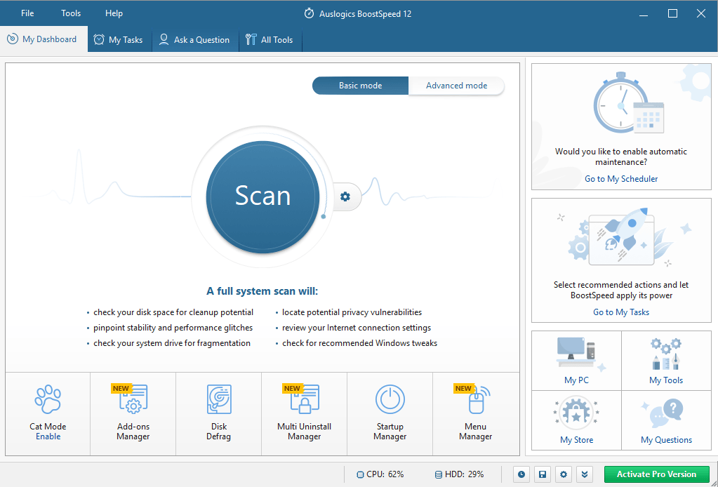 Нажмите «Сканировать», чтобы проверить компьютер с помощью Auslogics BoostSpeed.