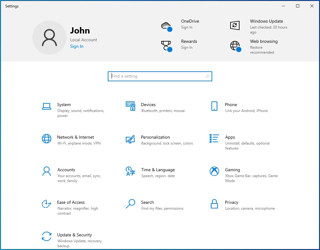 Abra la aplicación Configuración en Windows 10.