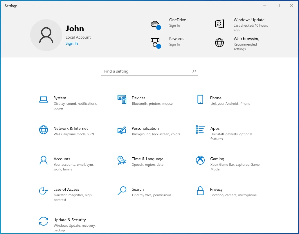 Abra la aplicación Configuración con Win + I.