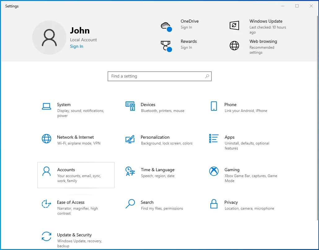 Haga clic en Cuentas en Configuración.