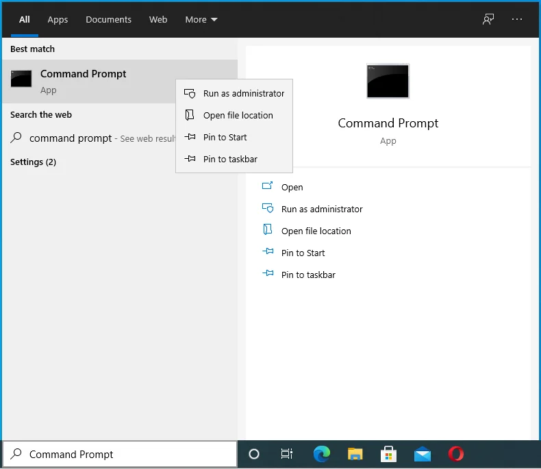 Klik kanan pada Command Prompt di hasil pencarian.