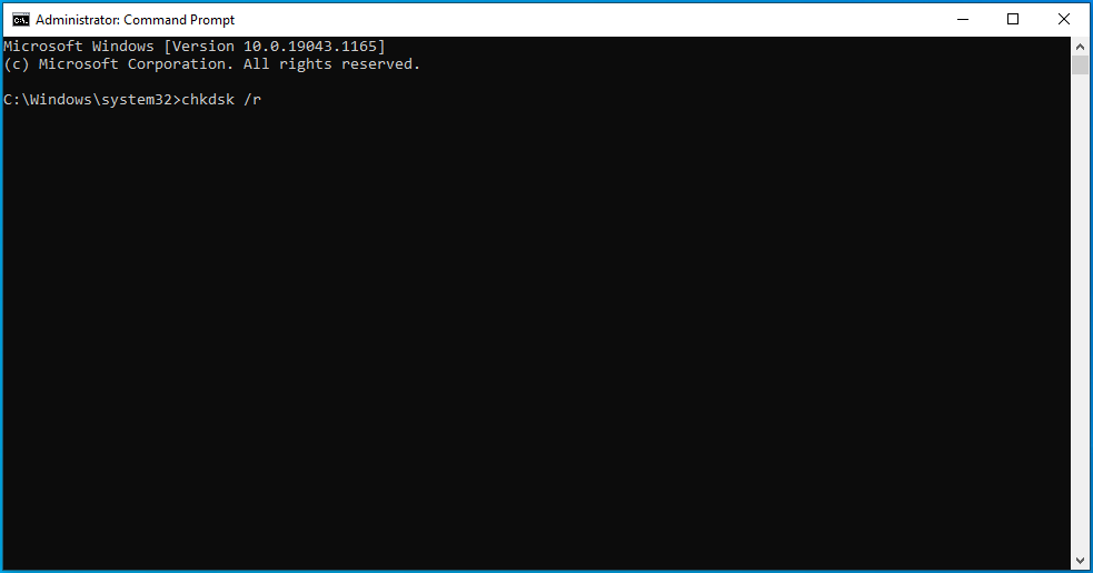 พิมพ์ chkdsk /r ลงใน cmd