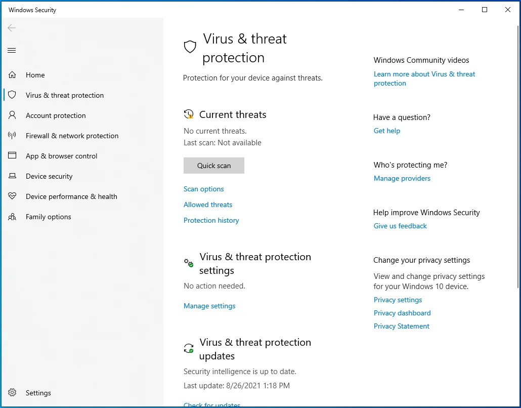 เลือก Virus & Threat Protection ในบานหน้าต่างด้านซ้าย แล้วคลิก Scan Options