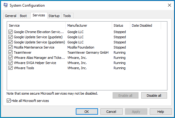 Oculte todos los servicios de Microsoft en Configuración del sistema.