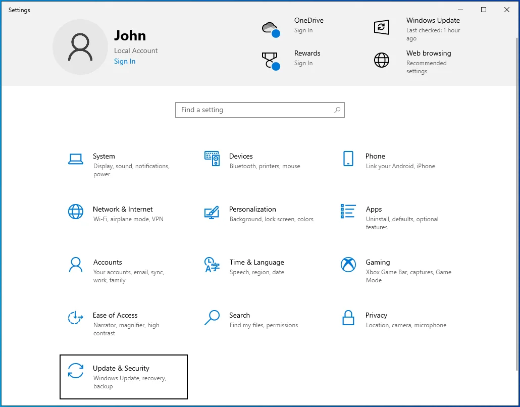 Seleccione Actualización y seguridad en la página de inicio de Configuración.