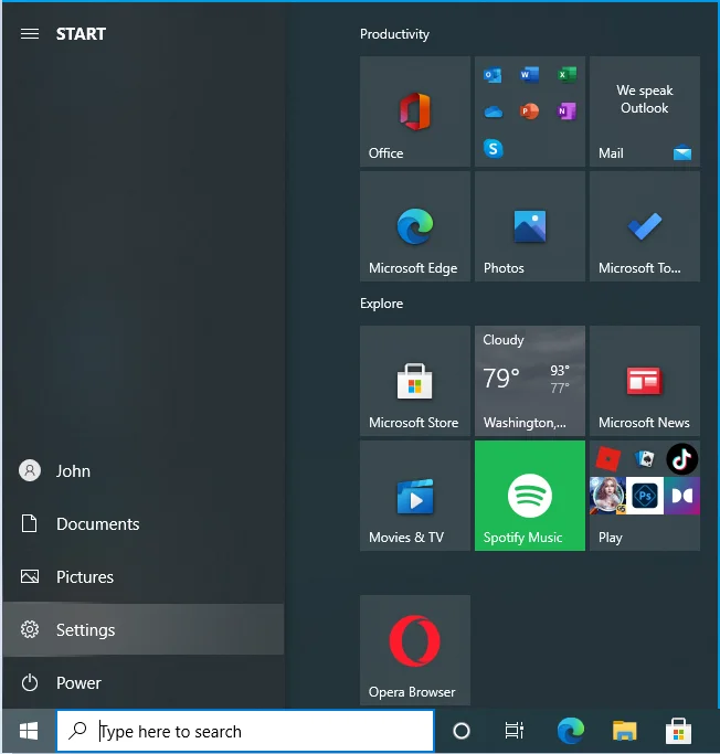 Buka menu Mulai di Windows 10 dan pilih Pengaturan.