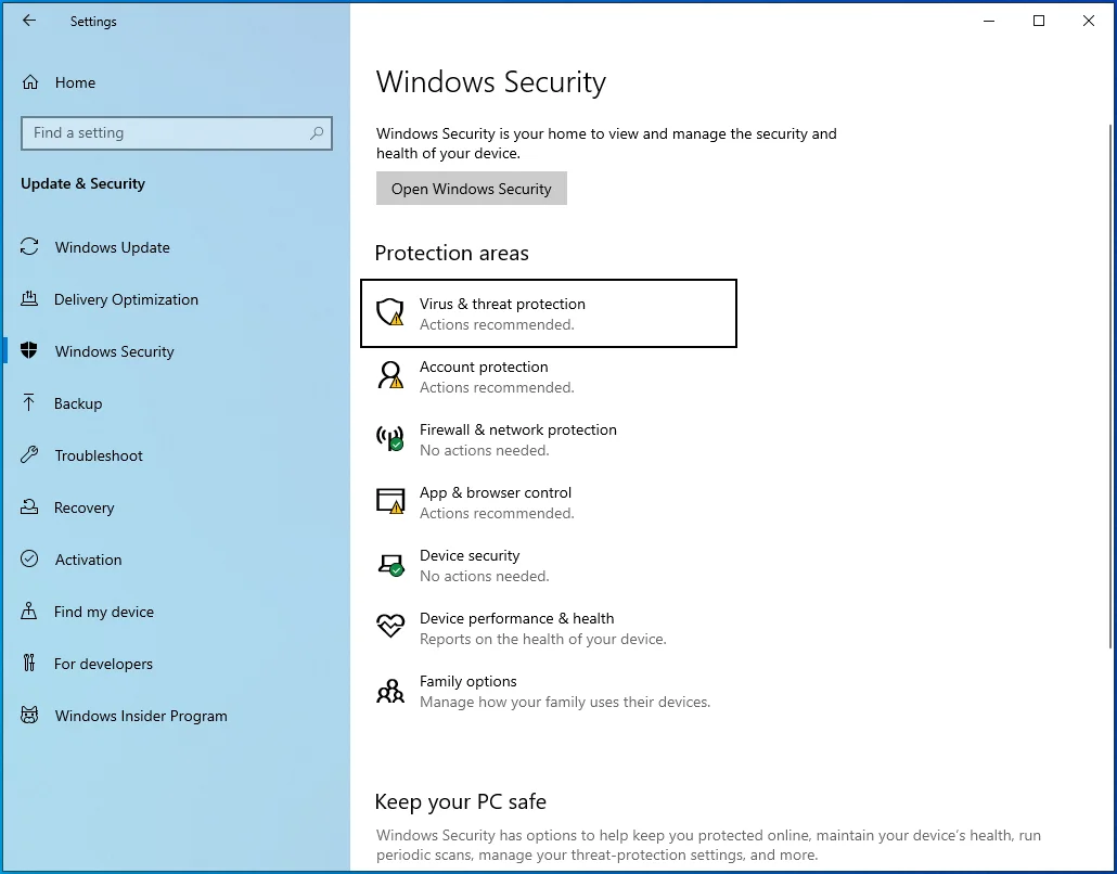 Haga clic en "Protección contra virus y amenazas" en Seguridad de Windows.