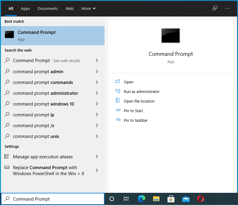 ป้อน Command Prompt ในการค้นหา