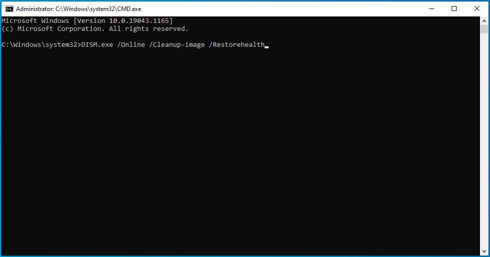 Escriba DISM.exe /Online /Cleanup-image /Restorehealth en cmd.