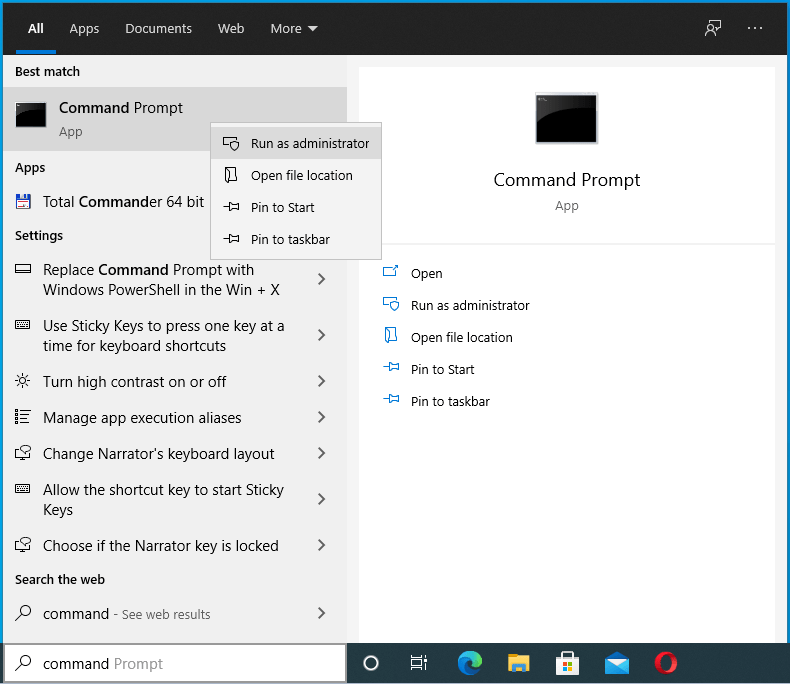 คลิกขวาที่ Command Prompt แล้วเลือก "Run as administrator"