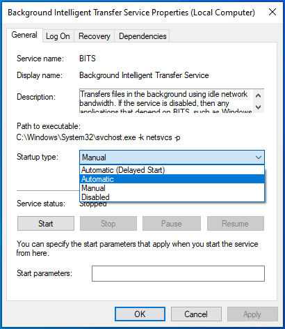 BITSのスタートアップタイプを自動に設定します。