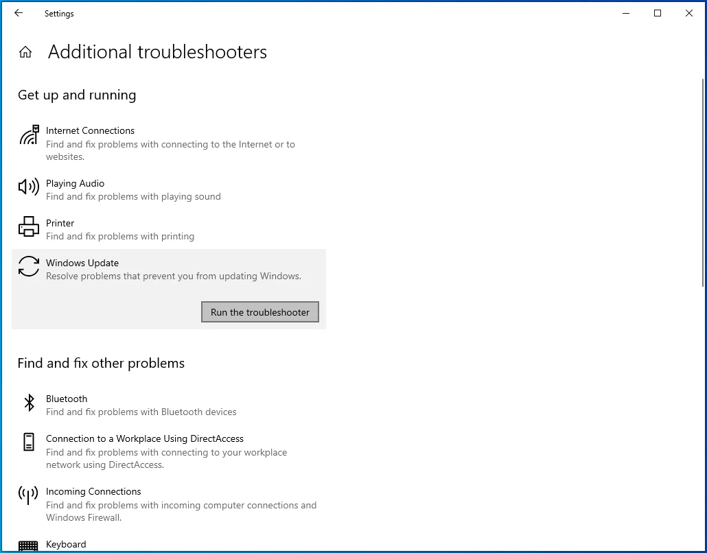 Klicken Sie unter Windows Update auf „Problembehandlung ausführen“.