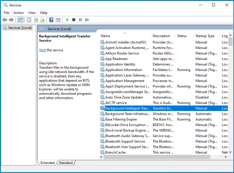 Double-cliquez sur le service de transfert intelligent en arrière-plan dans Services.