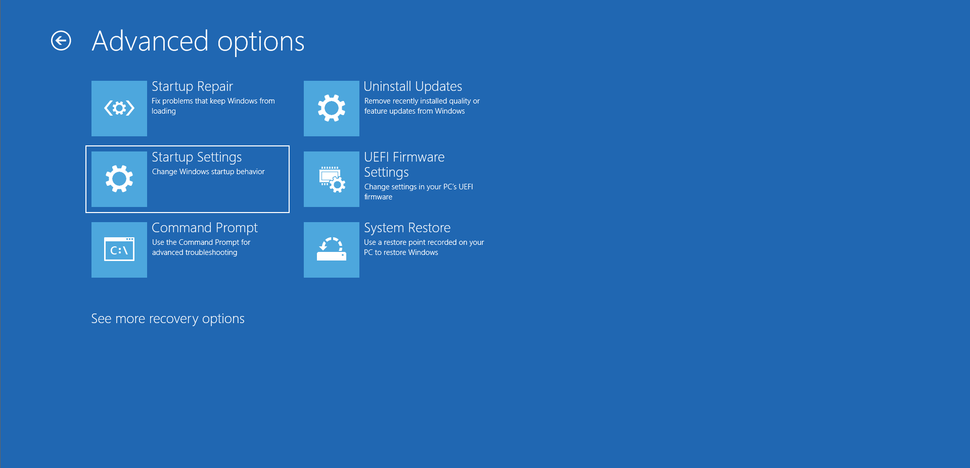 Haga clic en Configuración de inicio en la pantalla Opciones avanzadas