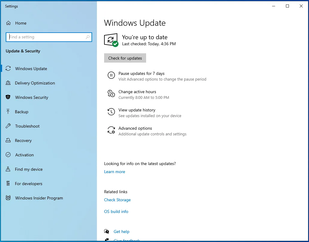 Windows Updateを実行して、Windows10の更新を確認します。