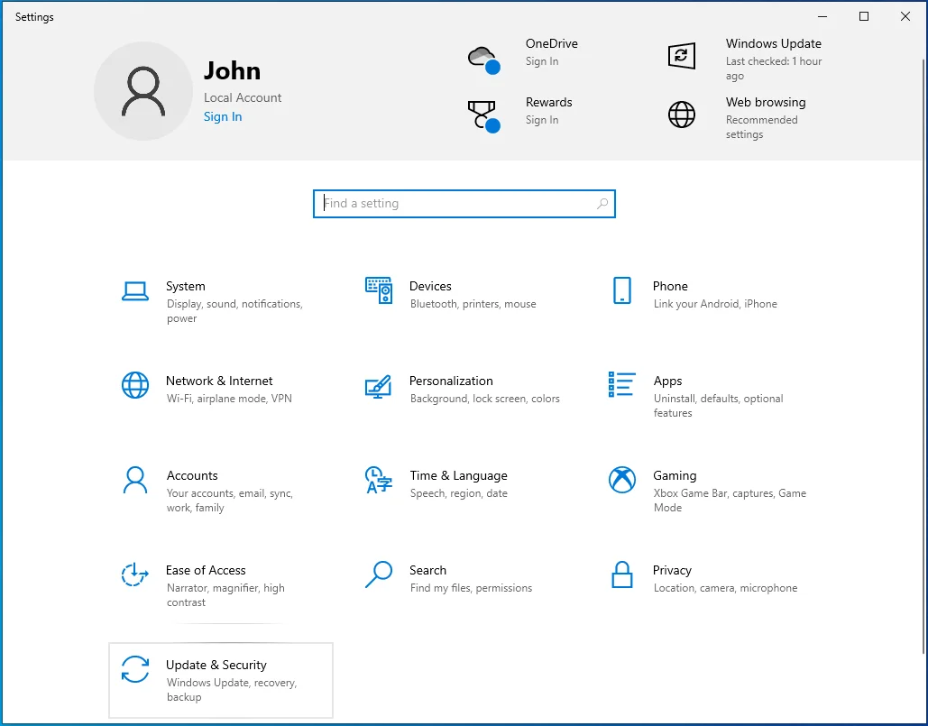 Navigați la Actualizare și securitate în Windows 10.