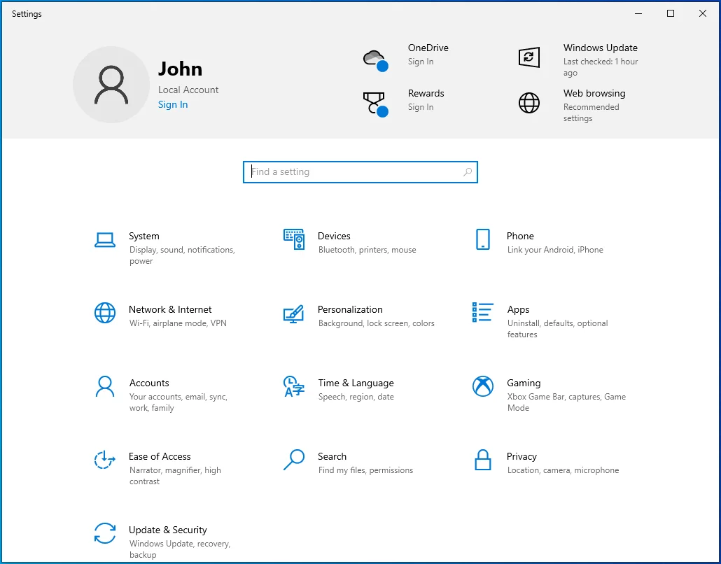 Uruchom aplikację Ustawienia systemu Windows w systemie Windows 10.