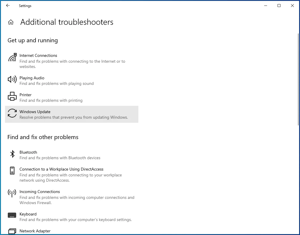 "Ek sorun gidericiler" altında Windows Update'e tıklayın.