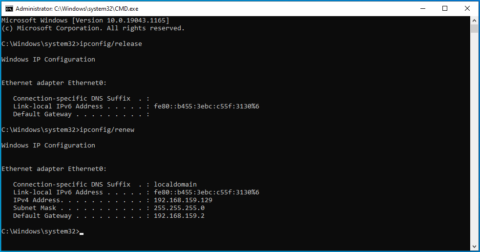 Ingrese ipconfig/renew en cmd en WIn 10.