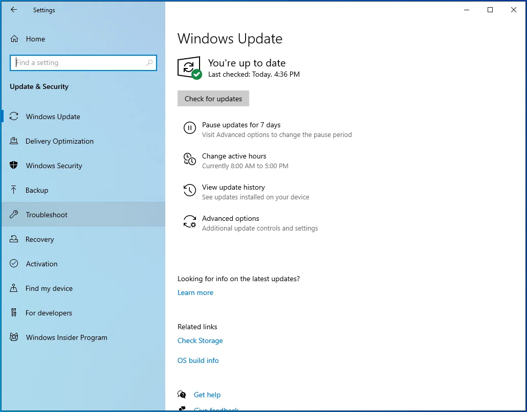 Pilih Troubleshoot dari panel kiri di Update & Security.