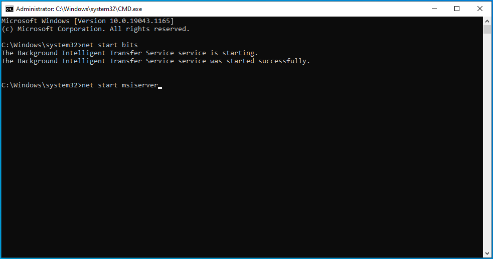 ป้อน net start msiserver ลงใน cmd