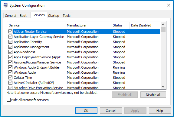 Accédez à l'onglet Services de l'application Configuration système.