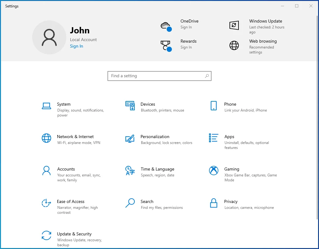 Invoca la aplicación Configuración en Windows 10.