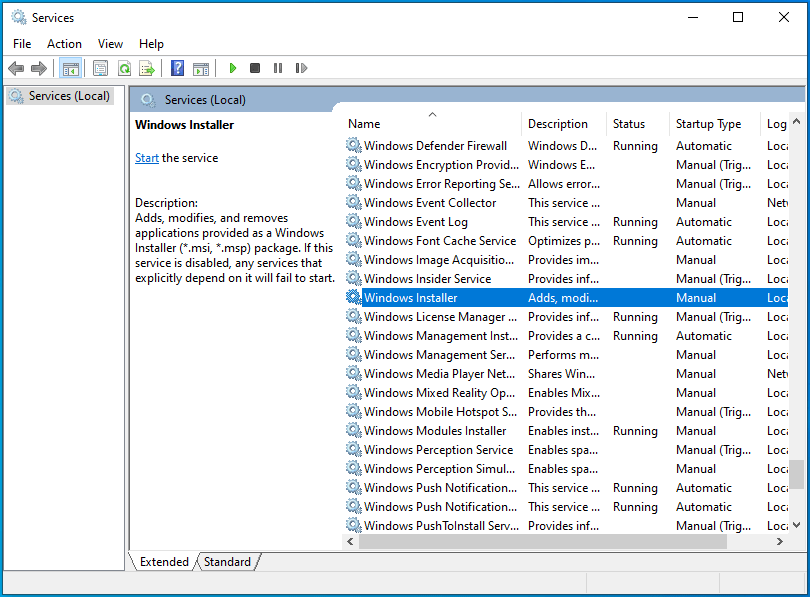 Temukan Penginstal Windows di jendela Layanan.