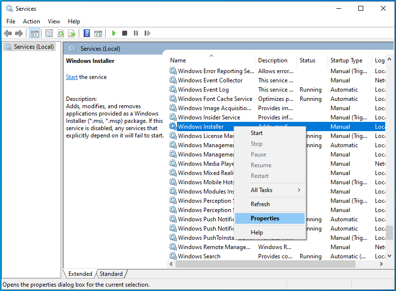 Faites un clic droit sur Windows Installer et sélectionnez Propriétés.