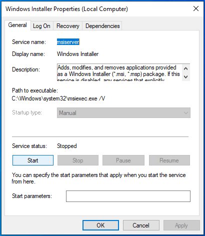 Windows Installer의 속성을 확인하십시오.