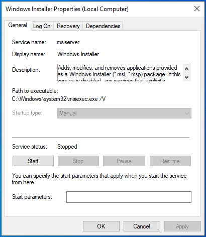 Defina o tipo de inicialização como manual.