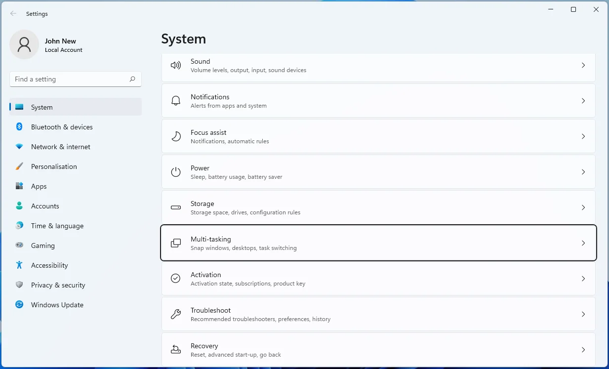 Faceți clic pe Multi-tasking din panoul System.